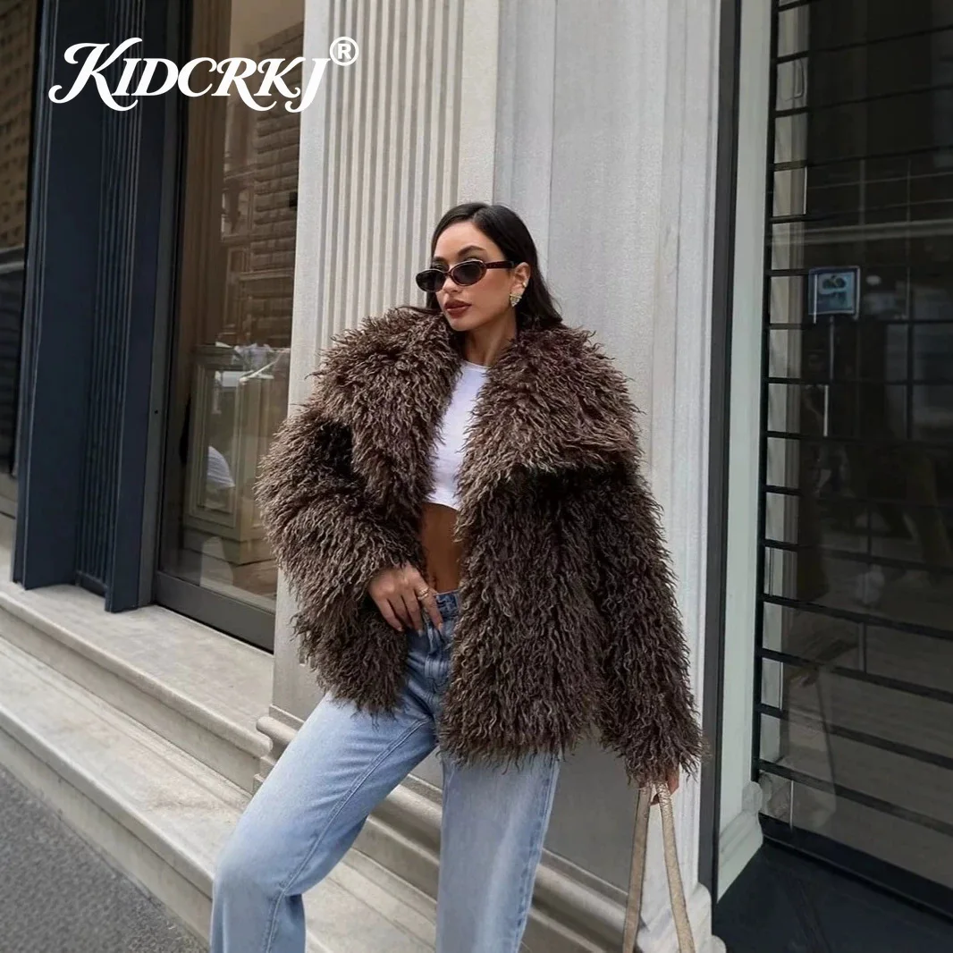 KIDCRKJ 2026 Winter Fashion Female Brown Faux Fur Coat Women Chic Autumn Warm Fluffy Sheep Fur Jacket Big Fur Collar Overcoat