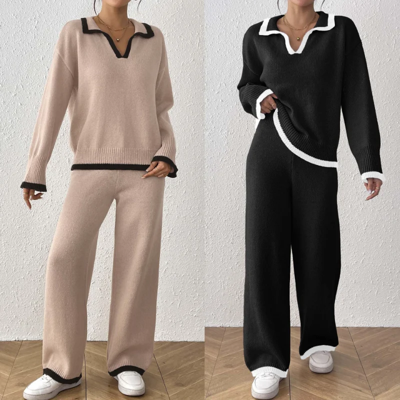 

Women's Suit Women's Contrasting Color Splicing Polo Collar Lapel Pullover Top Sweater Wide-leg Casual Pants Two-piece Set