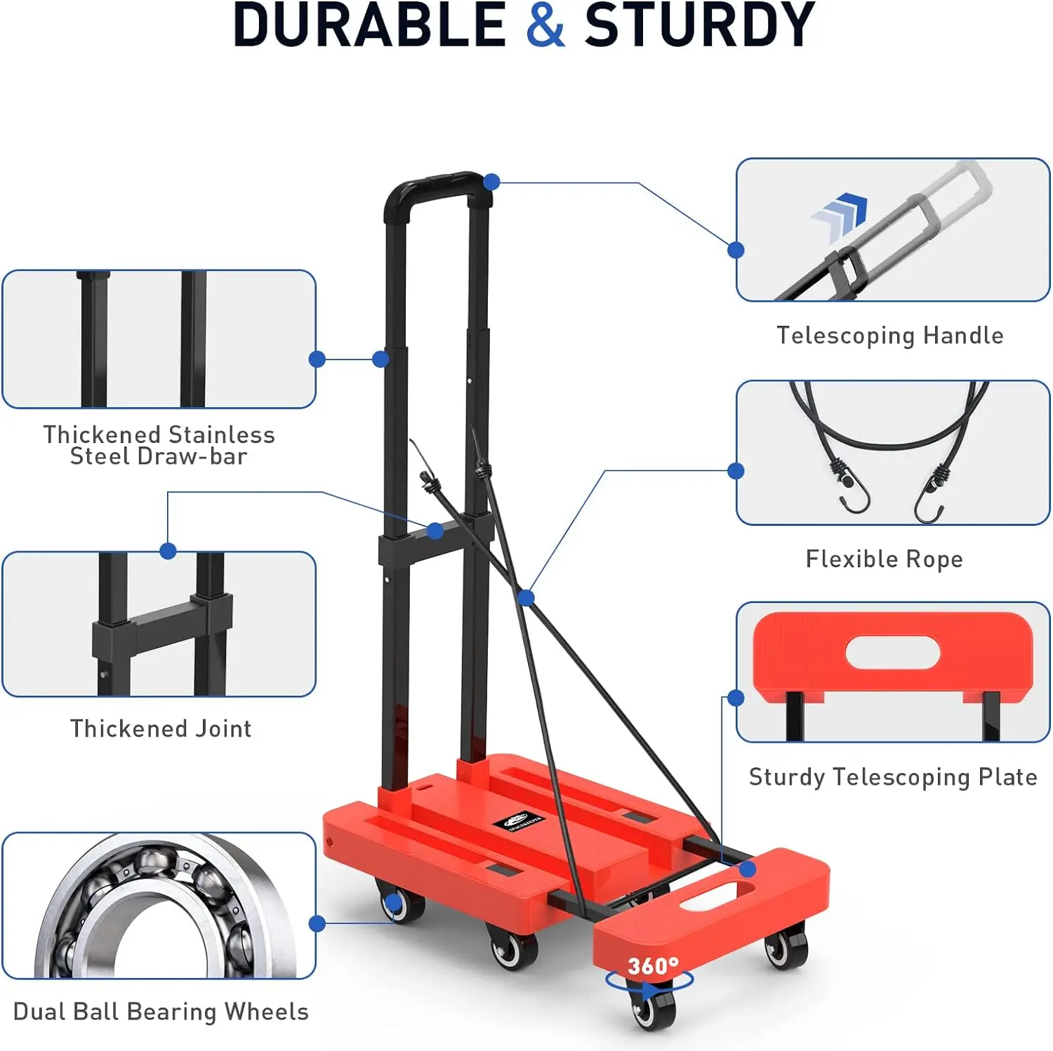 Imagem -03 - Carrinho de Bagagem de Mão Dobrável 500 lb Heavy Duty Carrinho de Plataforma Dolly Utilitário com Rodas e Cordas Elásticas