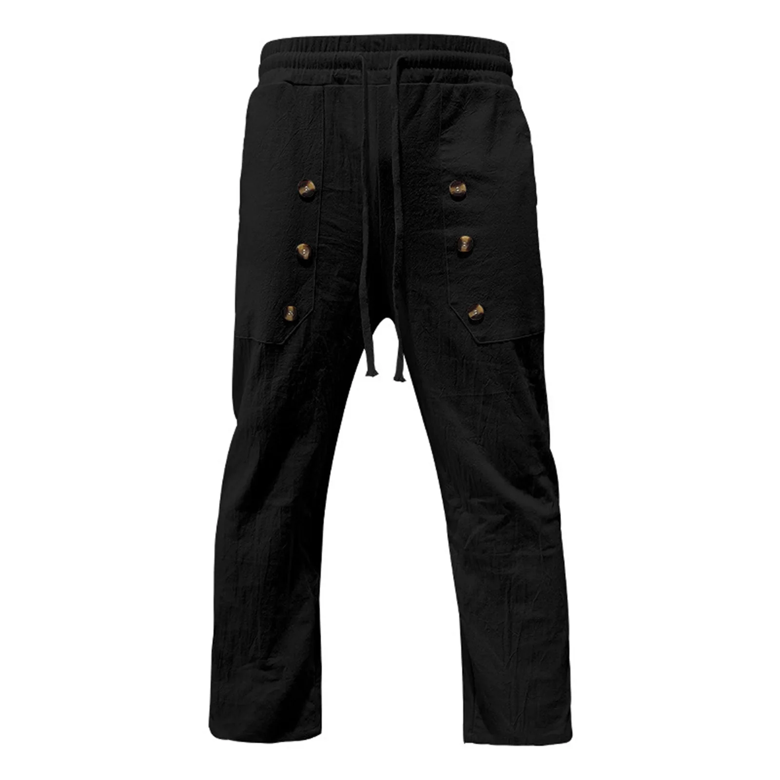 Men Drawstring Cargo Pants Casual Trousers Decorative Buttons Elastic Loose Jogger Pants with Pockets