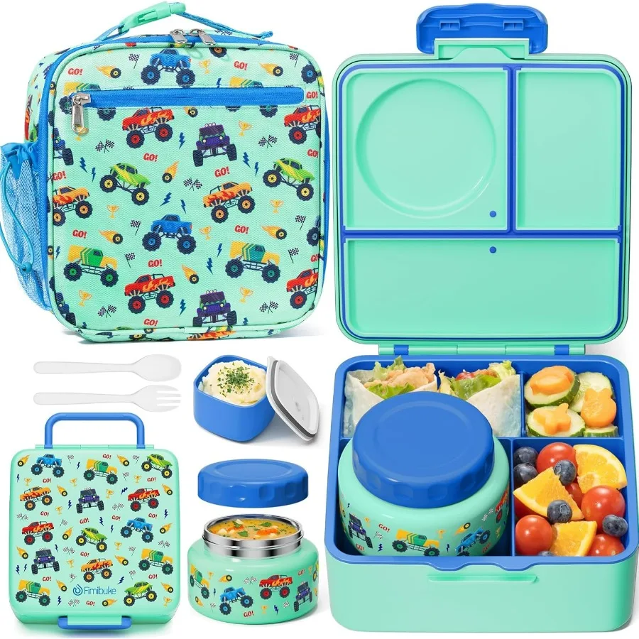 

Kids Bento Lunch Box with Thermos, Leakproof Toddler Bento Box with 8.5 OZ Insulated Food Jar, Lunch Bag & Utensils BPA Free Dis