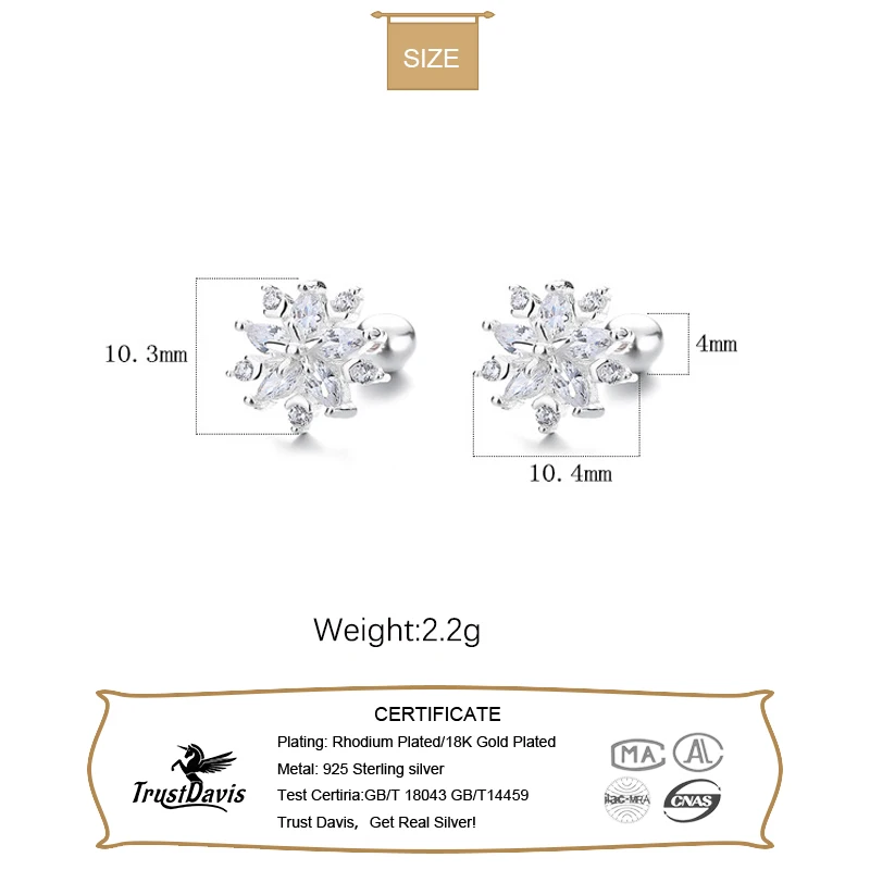 Trustdavis Real 925 Silver Sweet Snowflake CZ Screw Stud Earrings for Women Daily Wear Jewelry Gift DG0061