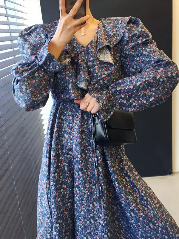 Chique verão vintage decote em v psado emenda cintura-cinching emaecimento manga sino vestido de imprão floral elegan...