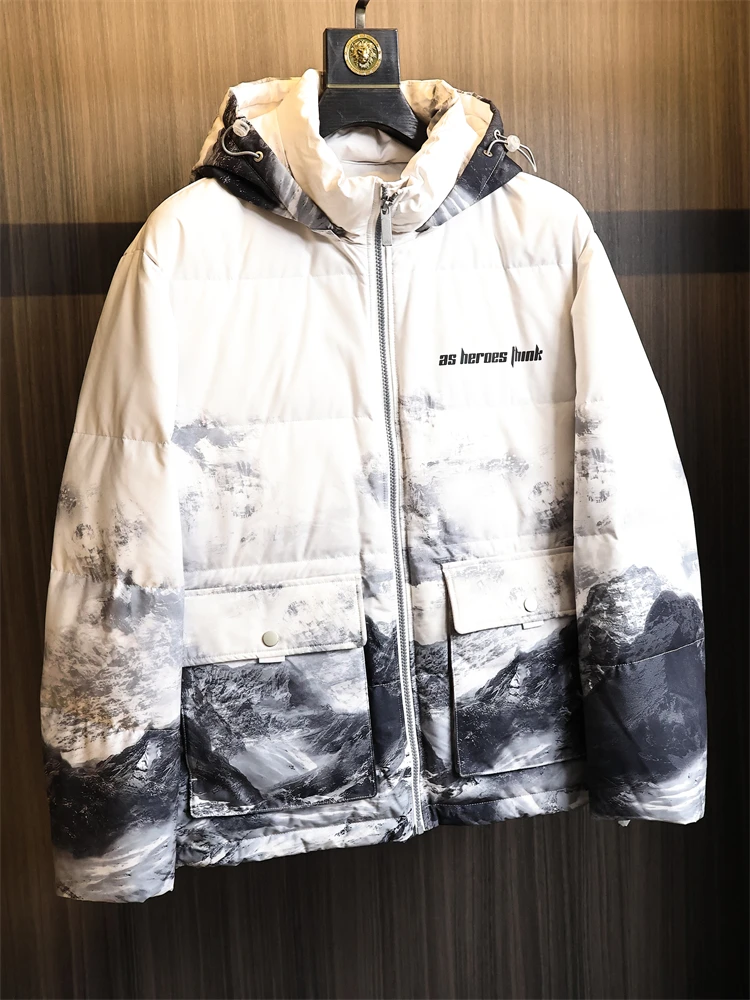 

Мужская футболка Homesi Snow Mountain Series High Loosen White Du down, уличная футболка с капюшоном и пухом Jaet Faion Urban Sle