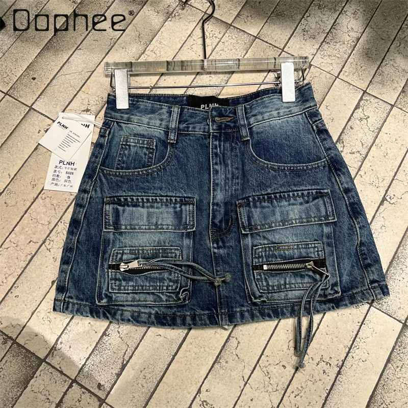Spring New Korean Fashion Hot Girl Y2K Loose Slim Denim Skirt High Waist Double Pocket Jean Skirt Women Sweet Cool A-line Skirts