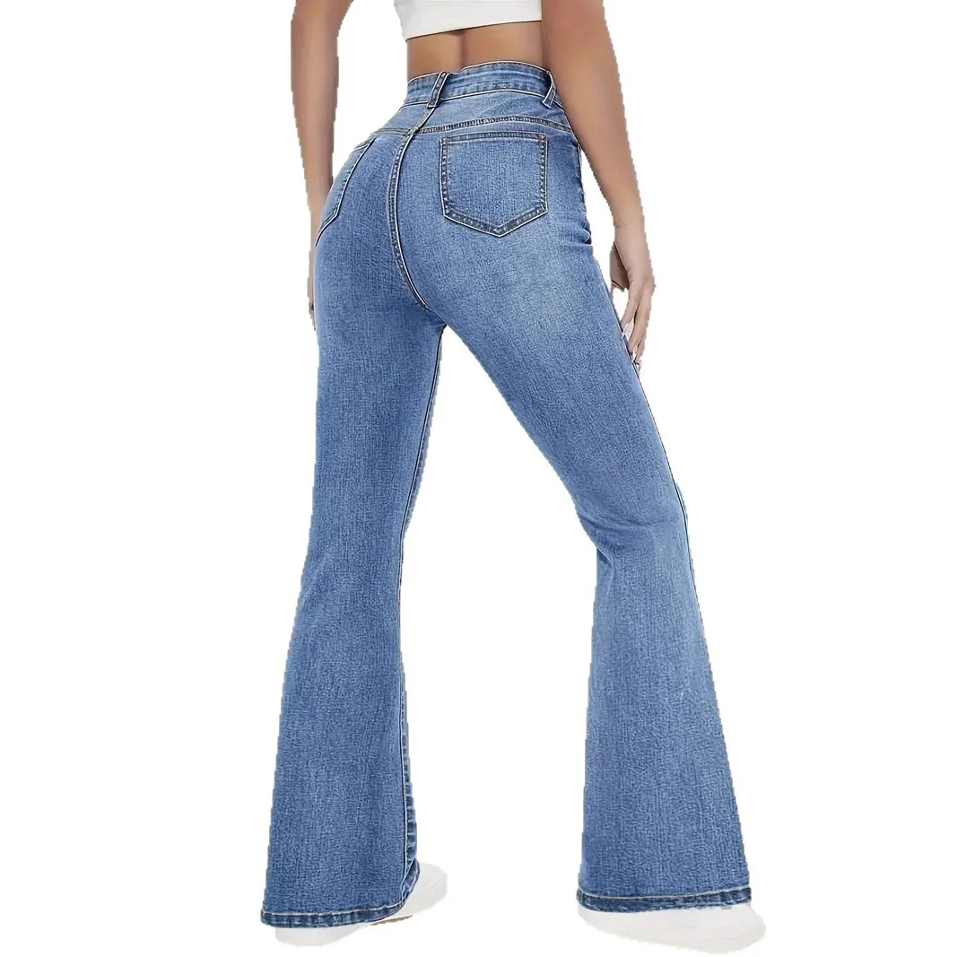 جينز نسائي عالي الخصر بقصة ضيقة من قماش الدنيم المطاطي سروال طويل متعدد الاستخدامات عالي المرونة أوروبي Sle لون عميق