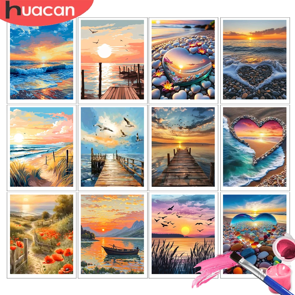 HUACAN Malen nach Zahlen für Erwachsene: Meereslandschaft, Sonnenuntergang am Meer, Leinwandmalerei, Kunst für Erwachsene