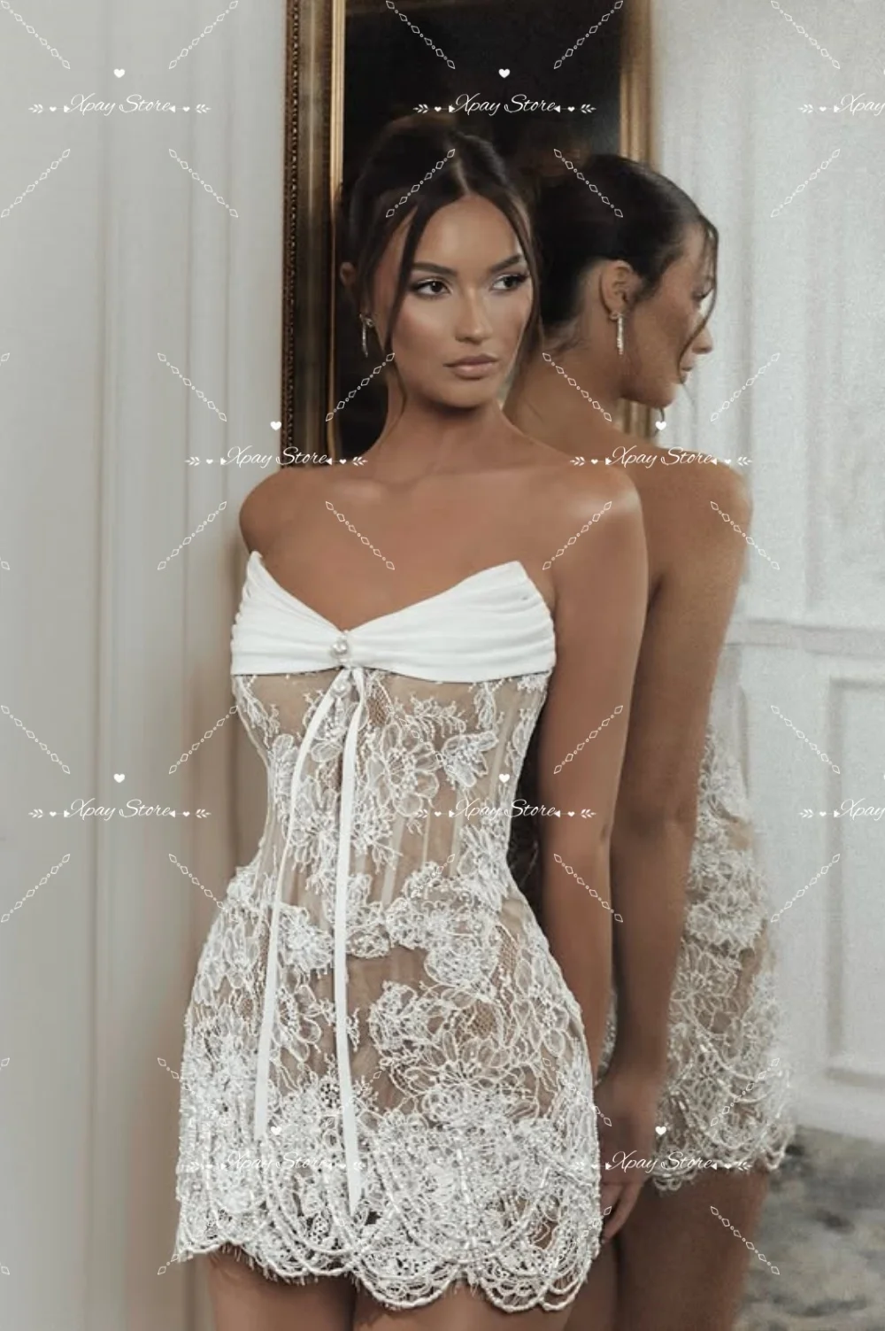 XPAY Illusion Sweetheart Robe de mariée sexy moulante avec appliques, en dentelle, au-dessus du genou, personnalisable