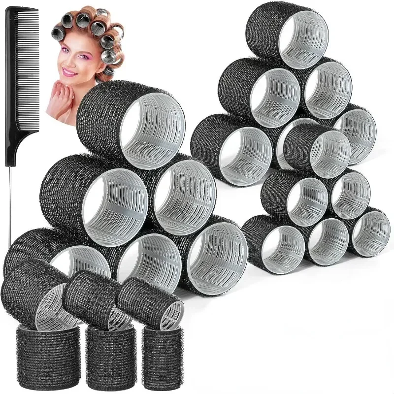 36PCS Black Self Grip Hair Rollers with Clips Heatless Hair Curlers No Heat Hair Bangs Volume Hook & Loop Styling Tools