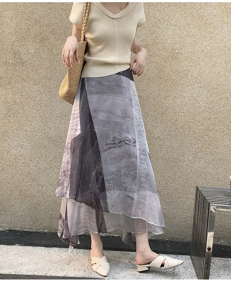 Women Vintage Geometric Print Chiffon Midi Skirt High Waist Asymmetrical Irregular Hem Flowy Summer Elegant Office Commute Skirt