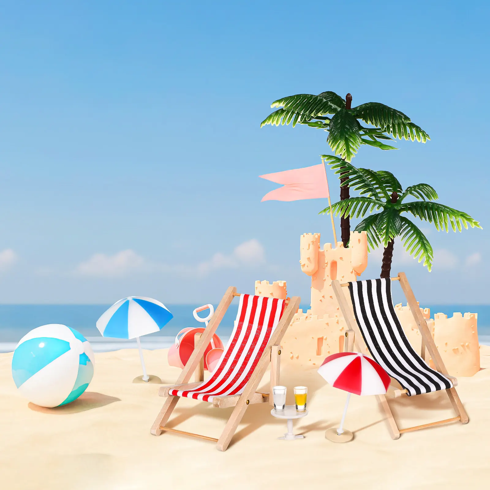 Mini Beach Landscape Ornament Set with Palm Trees Parasols Deckchairs Round Table Beverage for Home Office Desk Decor