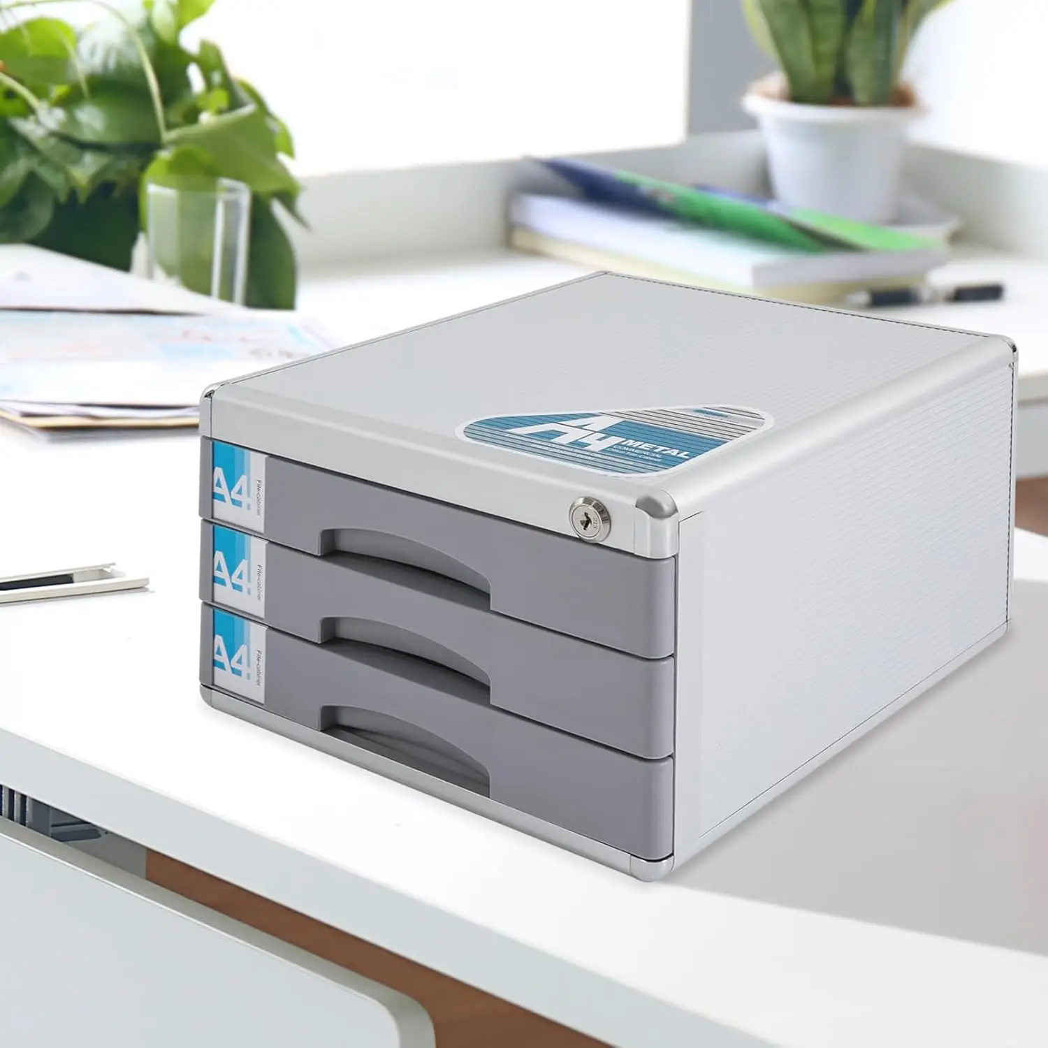 Organizador de mesa com 3 gavetas pequenas, organizador de arquivos de liga de alumínio, armário de gaveta com tampa com 5 gavetas, etiquetas e armazenamento de arquivos de 2 teclas