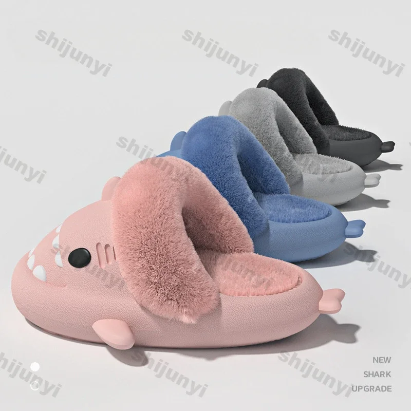 Woman Shark Cotton Slippers Winter Waterproof Indoor Non-slip Slides Plush Warm Couples Thick Sole Detachable Shark Flip Flops