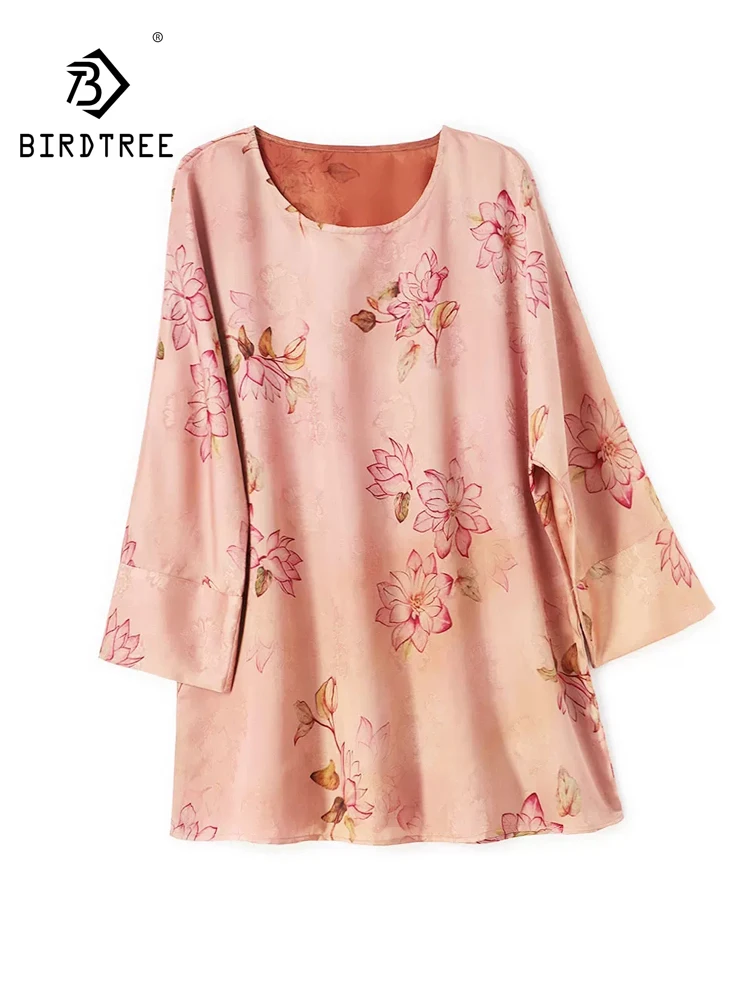 BirdTree-32MM Silk Watered Gauze Elegant T-Shirt, O Neck Batwing Sleeve Floral, Women Casual Loose Top, 2026 Autumn New T6O333CC