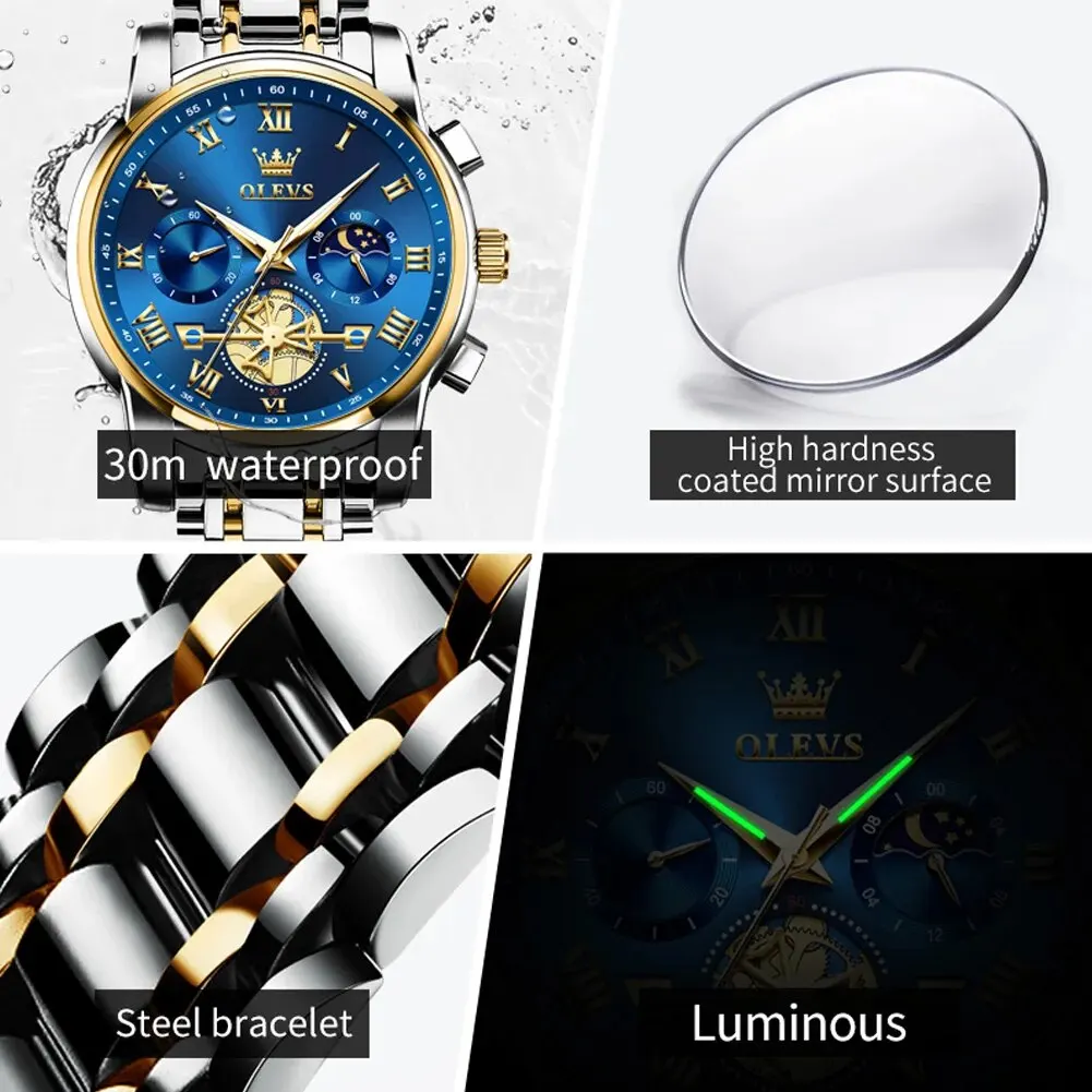 OLEVS 2859 Top Original Quartz Men\'s Watches Classic Roman Scale Dial Moon Phase Waterproof Luminous Luxury Wrist Watch for Male