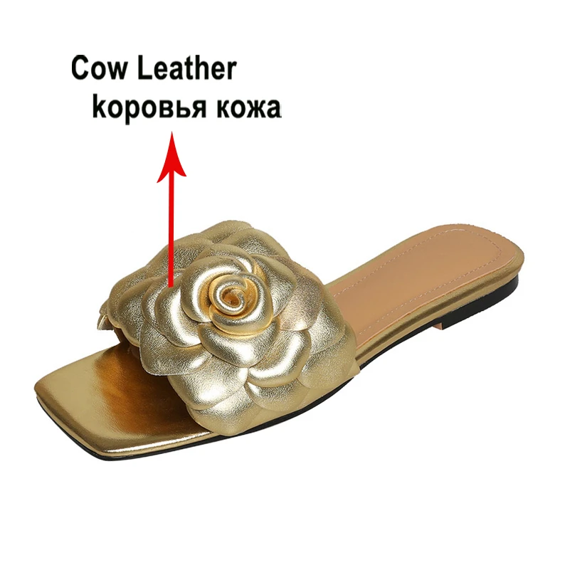 Meotina Women Genuine Leather Slides Square Toe Flat Sandals Flower Slippers Ladies Fashion Design Shoes Summer Red Gold 43