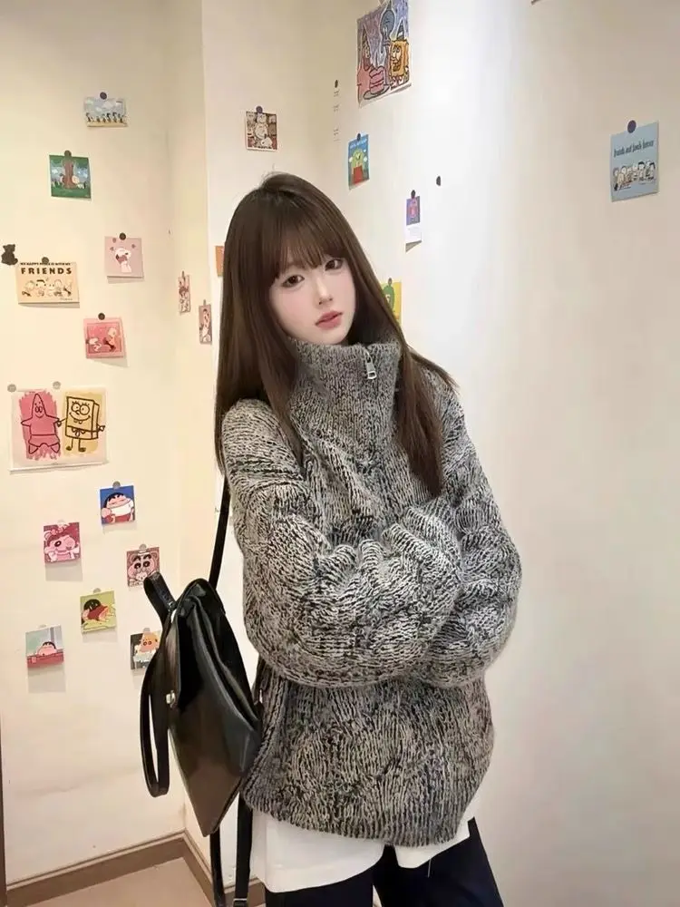 Americano vintage 2000s cinza malha cardigan feminino outono retro gola zíper camisola casual novo design moda fino casaco de malha