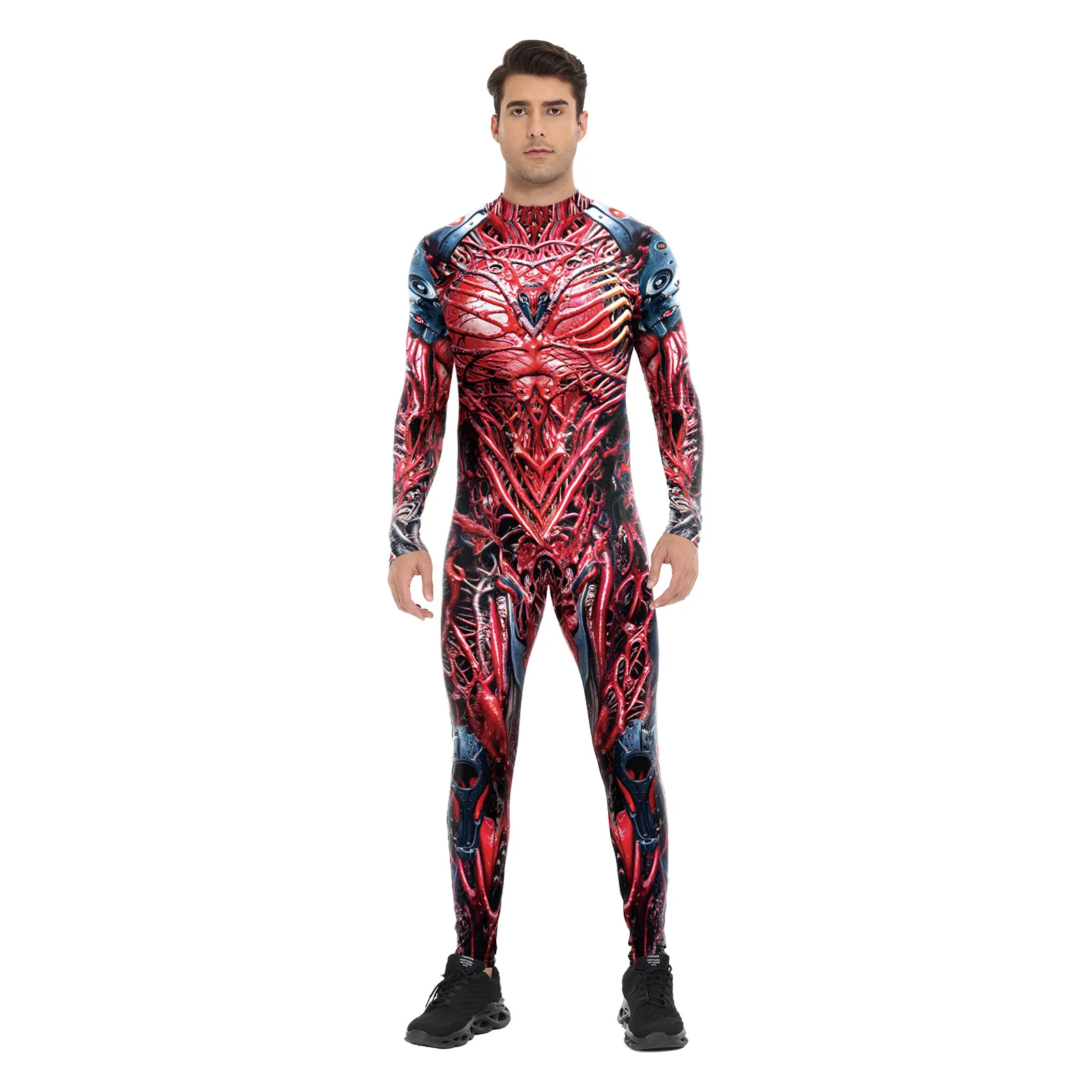 

2025 Halloween Cosplay Bloody Scary Demon Bodysuit Carnival Mechanical Human Blood Vessel Printing Tights Stretch Zentai Suit