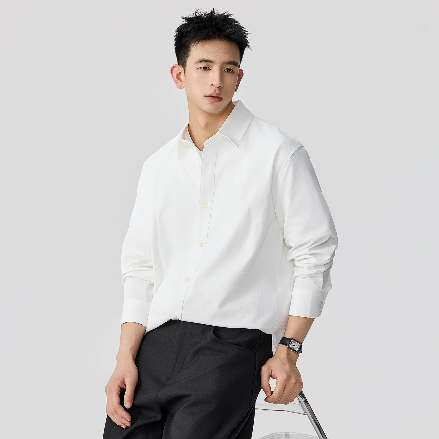 Male Autumn Clothes Tops White Shirt Men's Spring New Commute Fashion Loose Casual Vintage Long Sleeve Shirt