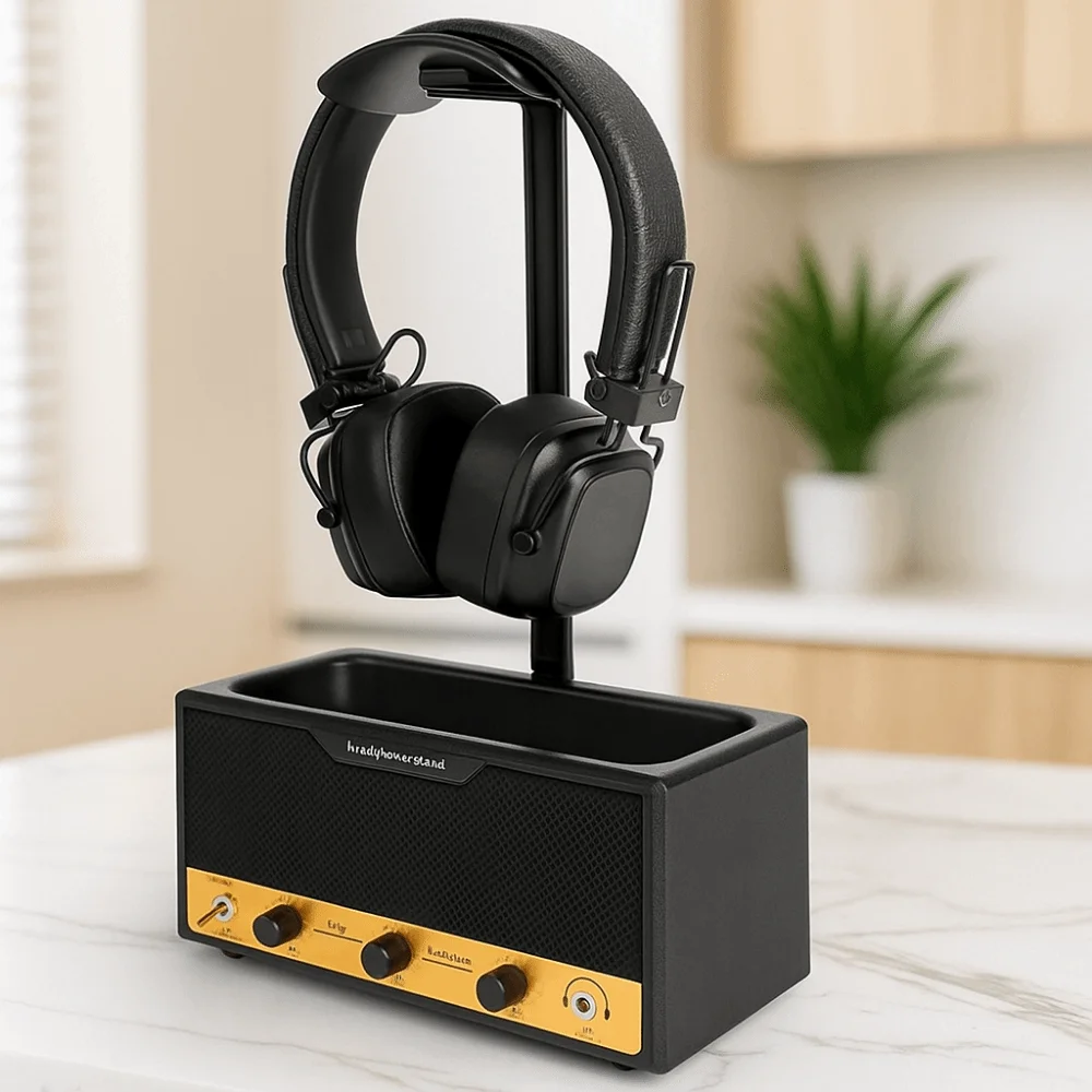 

Metal Speaker Earphone Display Stand Space Saving Wide Curved Design Headphone Stand Decorative with Supporting Bar