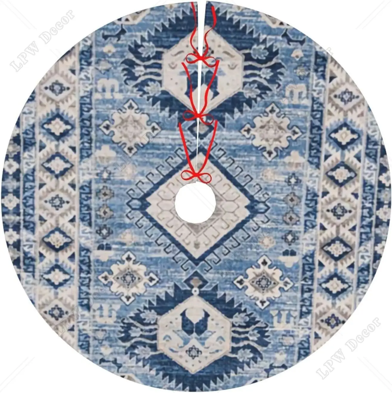 Oriental Antique Blue Kilim Rug Christmas Tree Skirt Round Winter Snow Suitable for Christmas Xmas Halloween Holiday Decoration