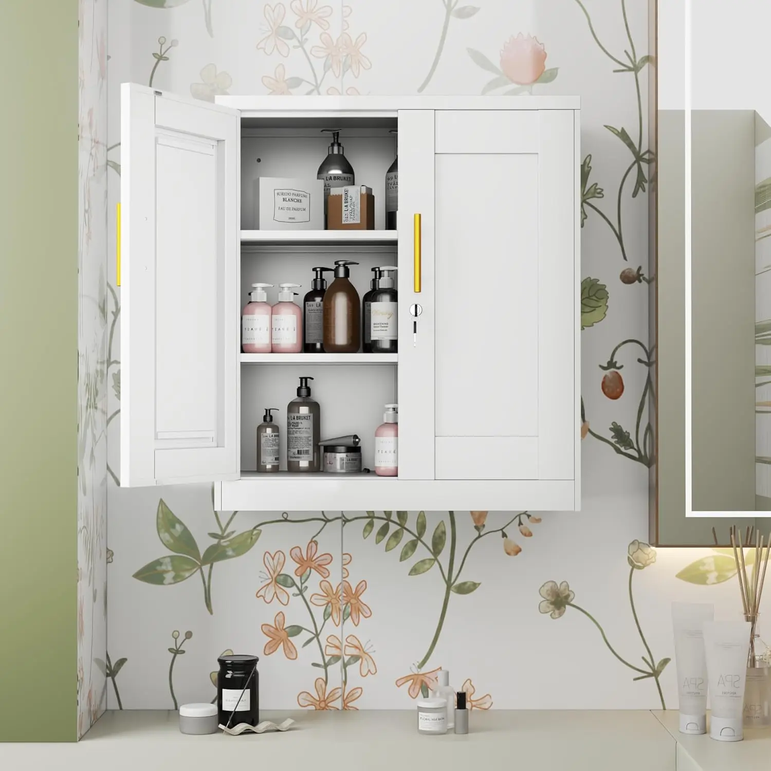 

Metal Bathroom Wall Cabinet with Adjustable Shelves Kitchen Buffet Over Toilet Storage White Wall-Mounted, Customized