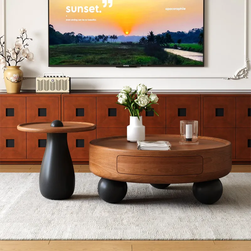 

Medium-style solid wood living room home small house minimalist round combination coffee
