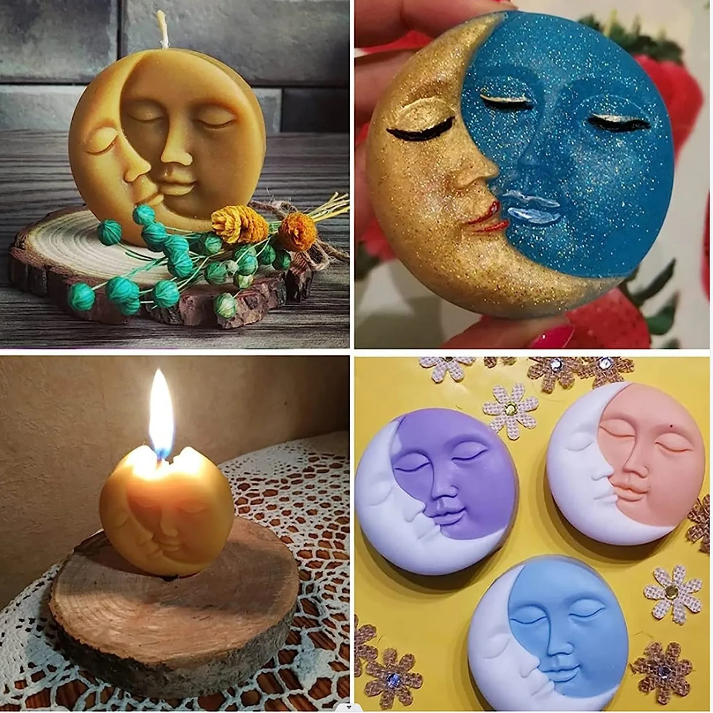 Sun & Moon Silicone Soap Molds 4 Cavity Crescent Moon Face Mould for Homemade Lotion Bar Bath Bombs Polymer Clay Wax Candle Make