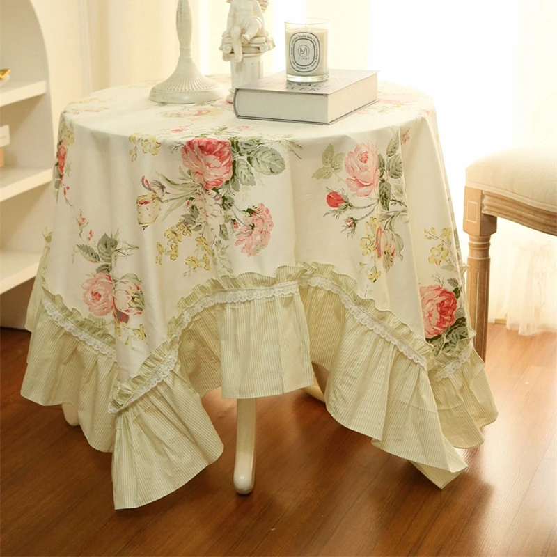 Vintage Pastoral Tablecloth Korean Rose Lace Pure Cotton Coffee Table Sofa Cover Elegant Dressingtable Decorative Tablecloth