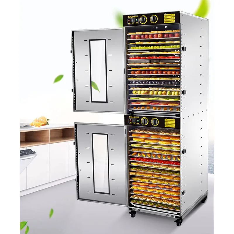 High quality 32 tray food dryer with two dehydration chambers for drying fruits, jerky, and sausages. Commercial dehydrator
