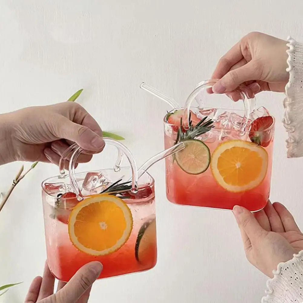 Glass Handbag Shaped Wine Cup with Straw Creative Fruit Design Cocktail Cup Set with Tray for Bar Juice Network Tipsy Drinkware