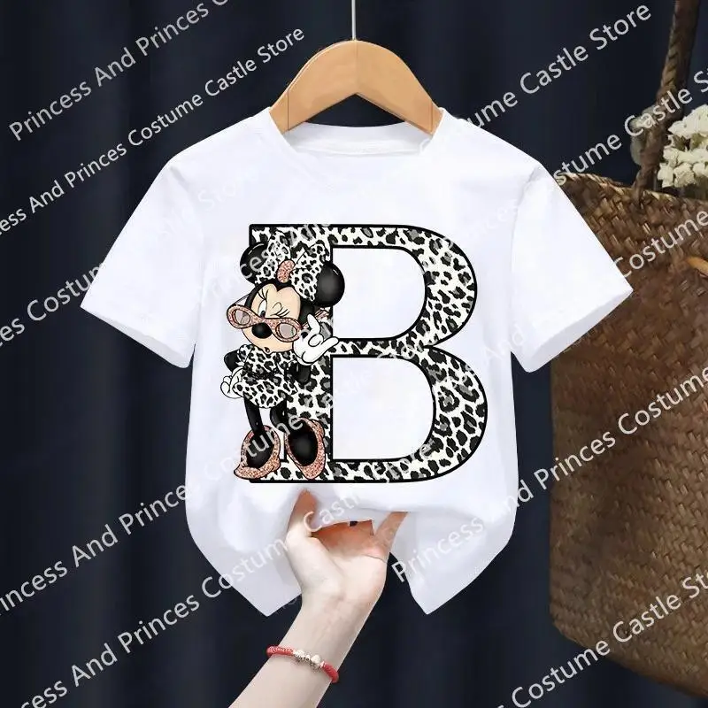 Minnie Letter A B C D Children T-shirt Kawaii Disney Clothes for Girls T Shirt Anime Cartoons Casual Kid Boy Short Sleeve Tops