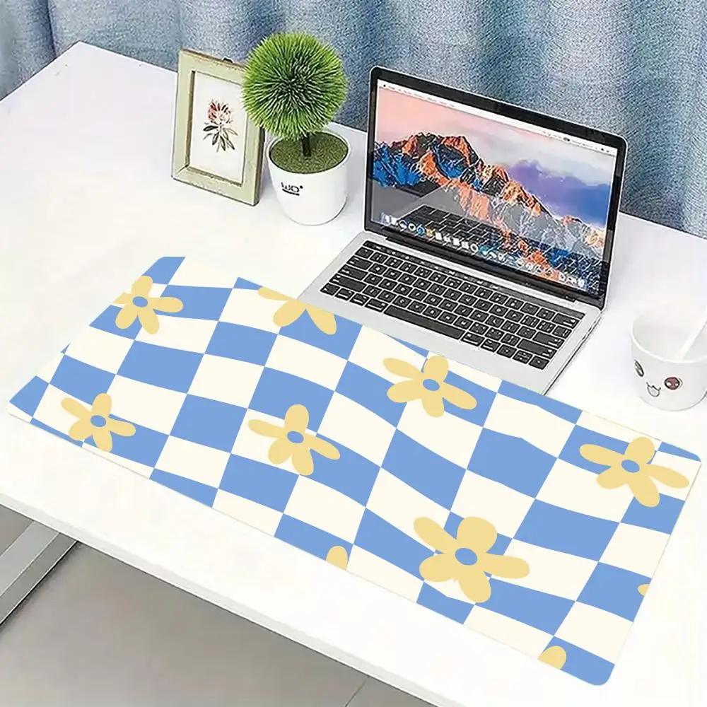 Pastel Checkerboard Flower Gaming Mouse Pad Non Slip Rubber Stitched Edge Keyboard Mat For Laptop Office Desktop Decor