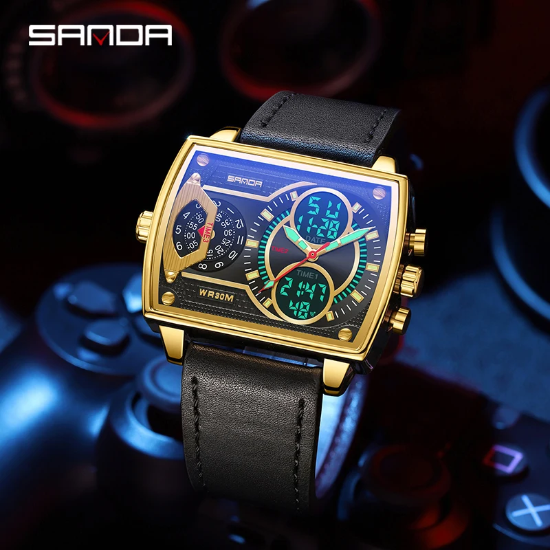 

SANDA Multifunctional Watch Fashion Creative Men Square Quartz Watches Waterproof Leather Strap 2023 New Relogio Masculino 6032