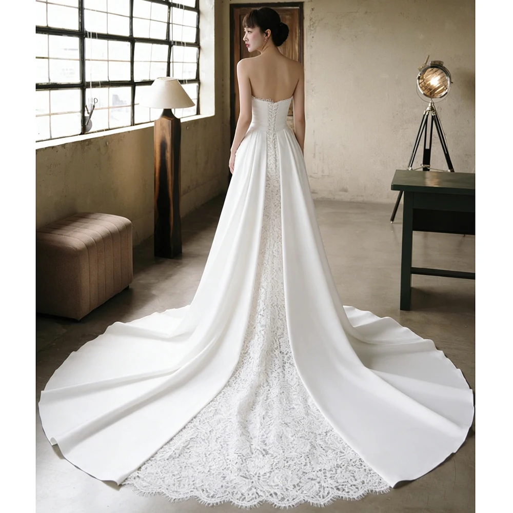 2026 Pleated Bodice Mermaid Wedding Dress 2 in 1 Detachable Train Strapless Satin Lace Lace-up Back Bridal Gown Customized