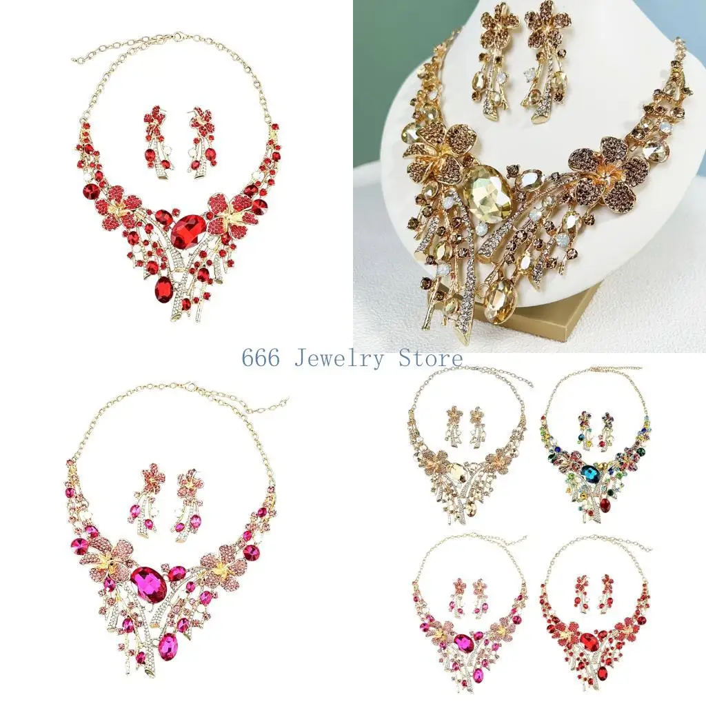F2TD Beautiful Rhinestones Necklace and Earrings Set with Geometric Design Statement Necklace Suitable for Weddings and Event