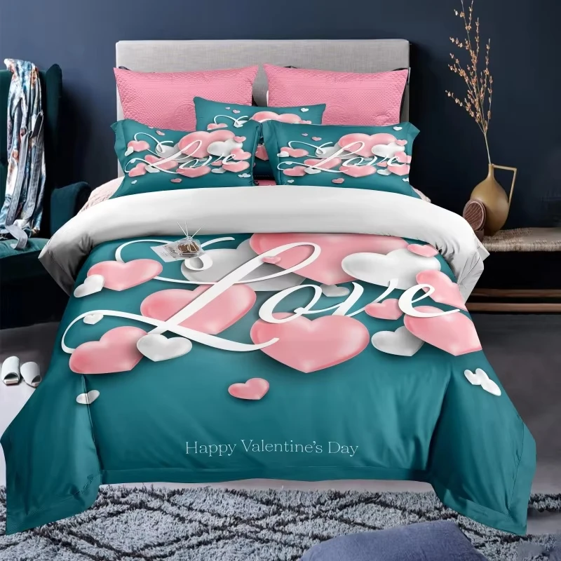 Valentine's Day Duvet Cover King Twin Size Romantic Floral Love Heart Pattern Bedding Set Microfiber Love Print Comforter Cover