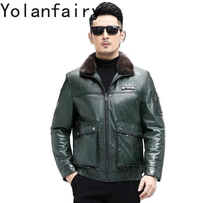 YOLANFAIRY Genuine Leather Jacket Men Short Mink Fur Collar Natural Cowhide Jackets for Men Detachable Down Jacket Winter Coat