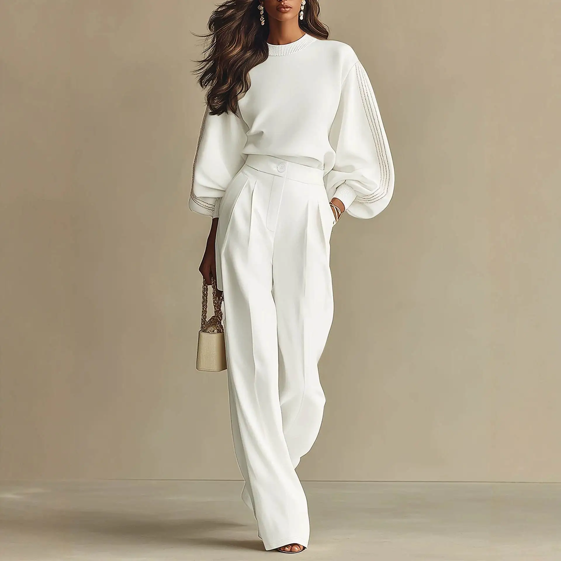 

Women's Knitted Ribbed Beige Long Sleeve Hoodie And Wide Leg Pants Two-Piece Set Fashionable Comfortable Sporty Winter Outfit