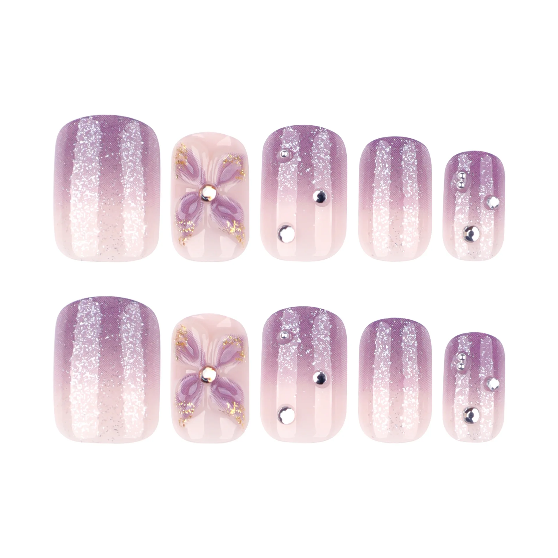 24 pièces presse sur ongles violet faux ongles courts carrés ongles conseils 3D fleur faux ongles diamant décoré Nail Art réutilisable