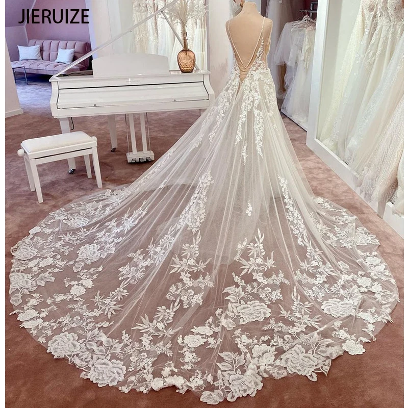 JIERUIZE Luxury Lace Appliques Backless Wedding Dresses Deep V-neck Spaghetti Straps Bridal Gowns Sexy Low Back Court Train