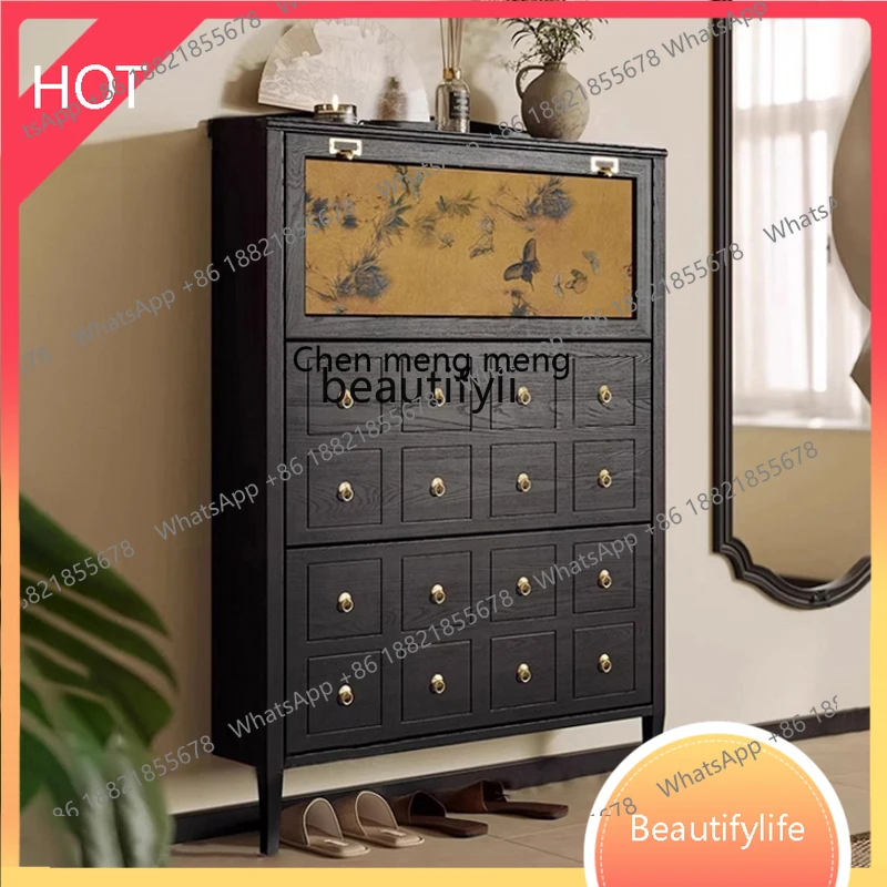 32 Retro Flip Door Solid Wood Ultra-Thin Cabinet Home Doorway Locker French Nordic Style Entrance Cabinet