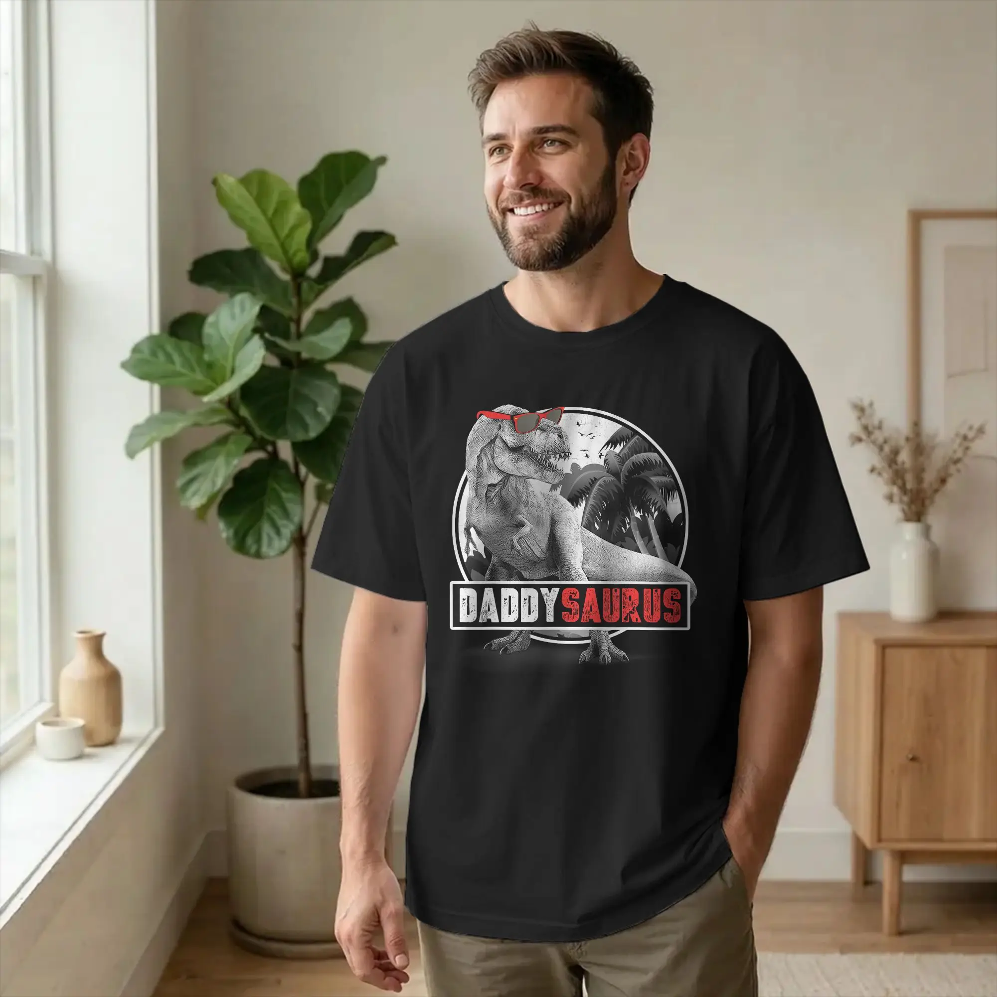 Daddysaurus T Rex Dinosaur Dad Daddy Men T Shirt Fathers Day Funny Tee Short Sleeve O Neck T-Shirts Cotton Plus Size Clothes