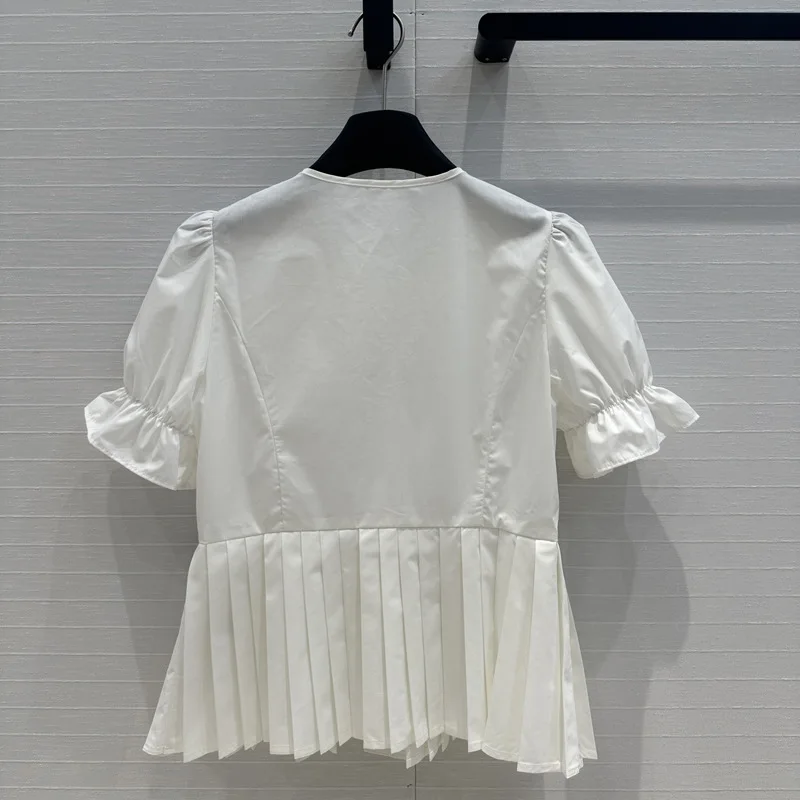 2024 high quality ruffled crew neck shirt sweet girly fashion pleated A word bubble sleeve top