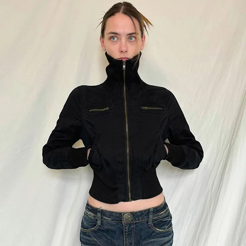 

Street Sle Motorcycle Jaet Stand Collar Zipper ort Coat ex Waist-Cinching Fabric Long Sve Pure Color Bike Jaet