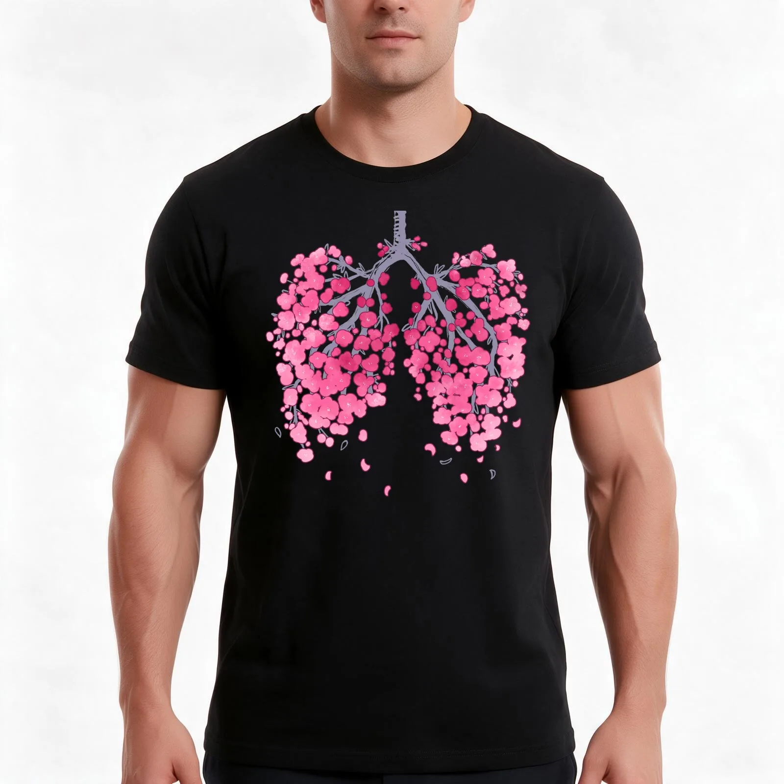 Sakura Hanahaki lungs (on black) T-Shirt, Summer Casual Cotton Tee, Oversized Streetwear Tops, Vintage Graphic Print