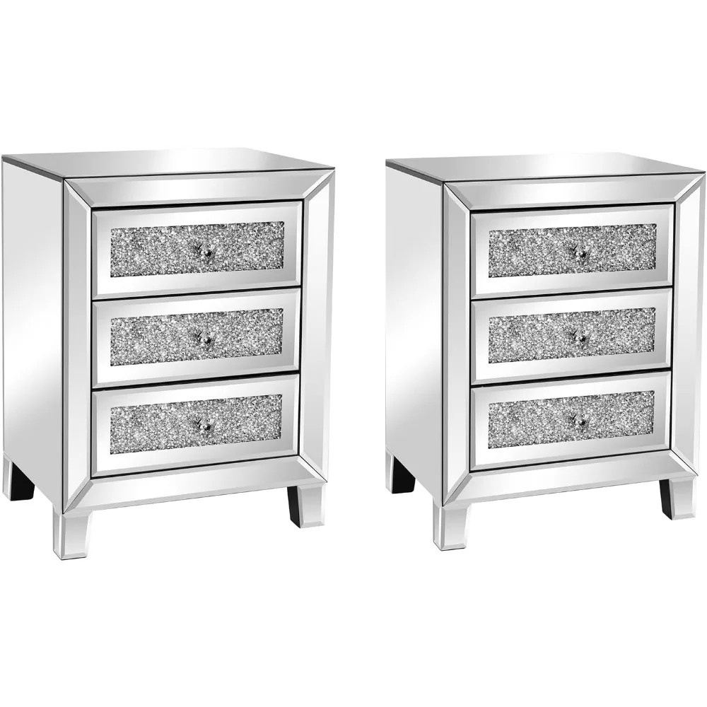 Mirrored Nightstand Set of 2, Mirrored Side/End Table for Living Room, Glass Silver Nightstand, Crushed Glass Mirror Night Stand