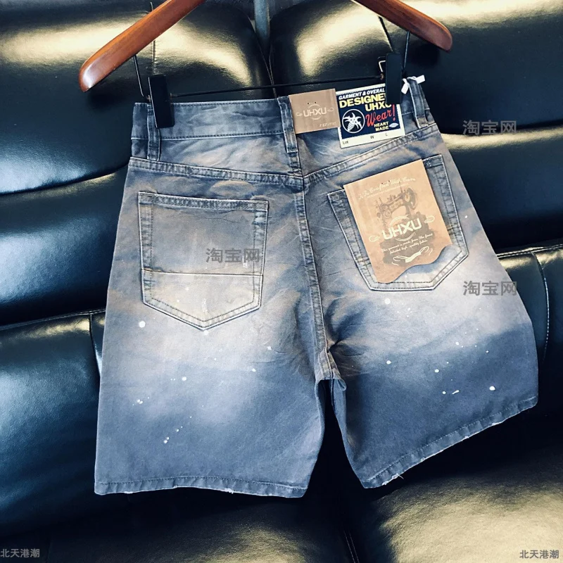 Men's Denim Shorts 2026 Summer Vintage Style in Dark Color with Torn Paint Pattern, Versatile Five-Point Daily Casual Pants