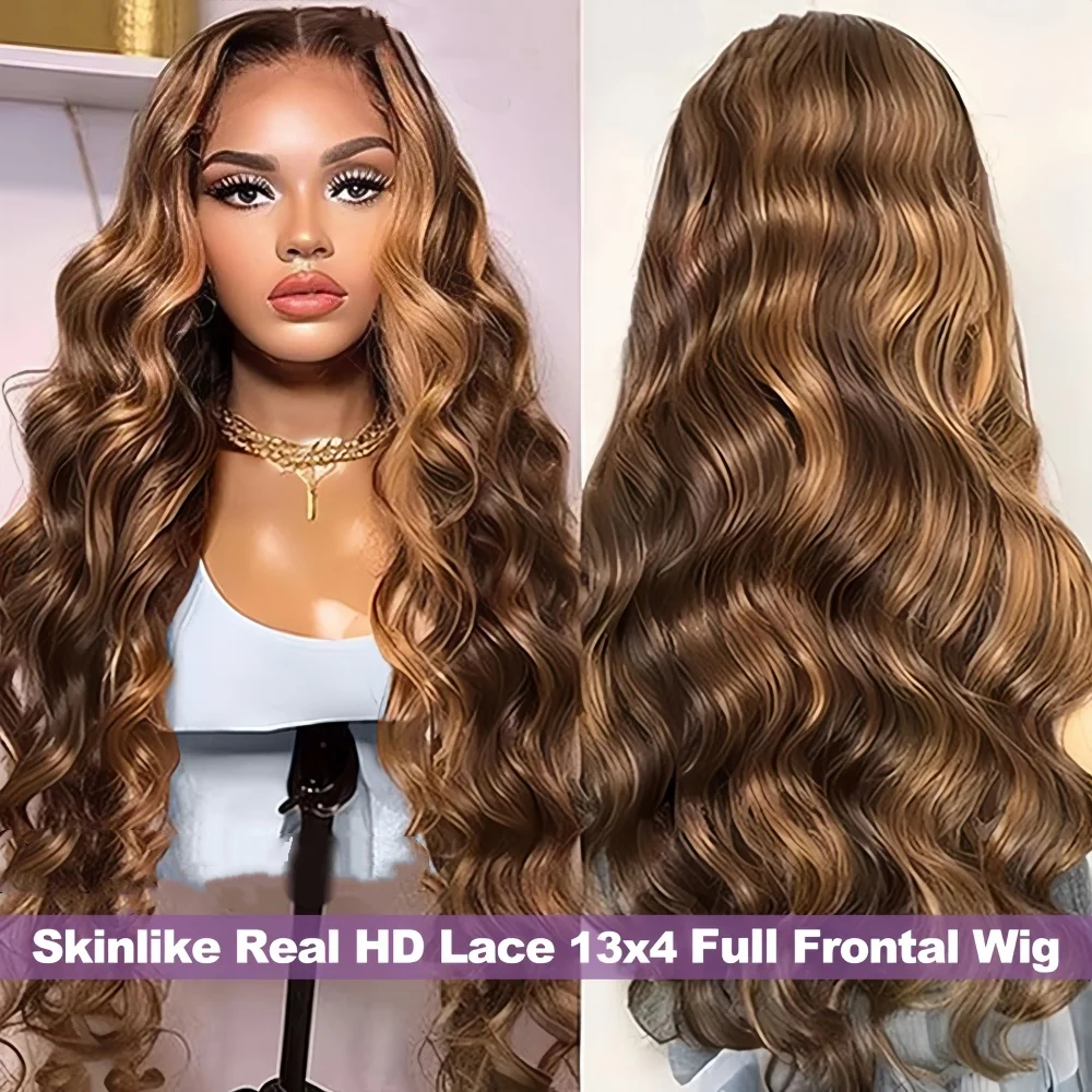 

40 Inch 4/27 Honey Blonde Highlight Body Wave Human Hair Wigs 13x6 hd lace frontal wig glueless wig human hair ready to wear