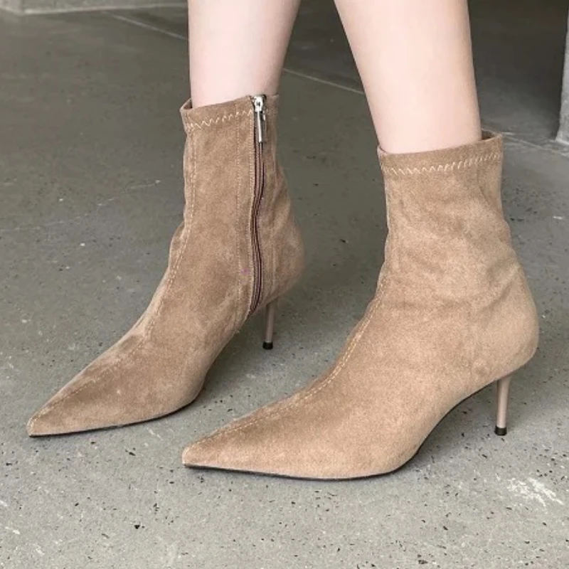 

Элегантные женские ботильоны с острым носком на тонком каблуке, модные весенне-осенние ботинки из искусственной замши с боковой молнией, сексуальные удобные современные ботинки
